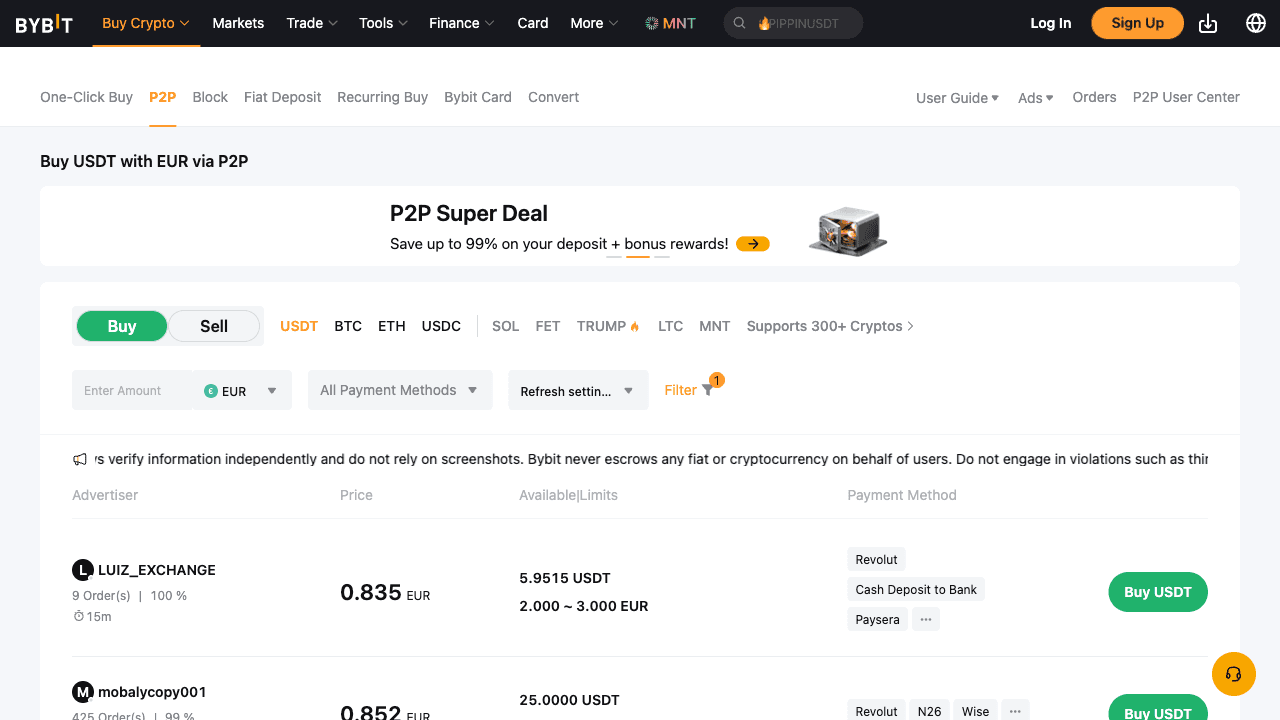 Bybit P2P trading marketplace showing USDT buy and sell offers