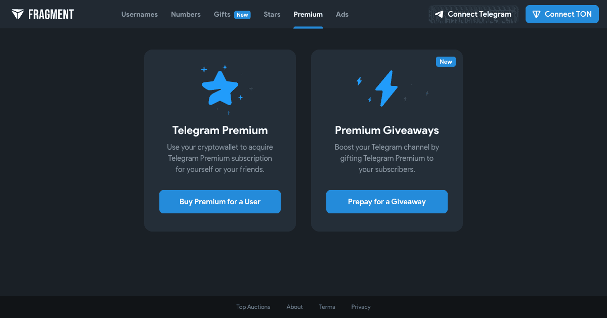 Fragment.com Premium page — buy Telegram Premium with TON, bypass App Store 30% fee