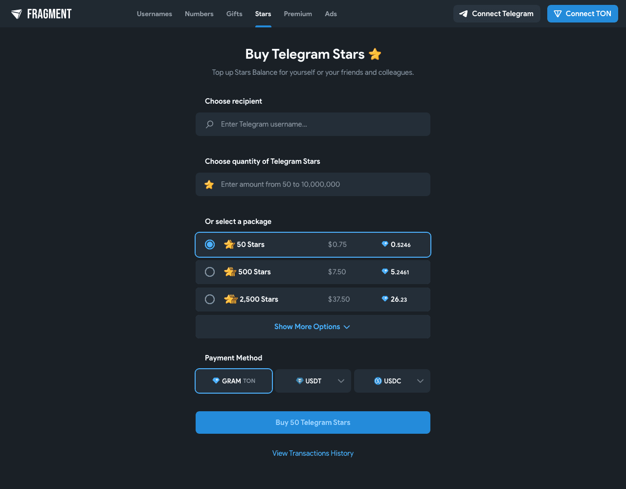 Fragment Buy Telegram Stars page, October 2026: packages priced in dollars and GRAM, payment in GRAM, USDT or USDC