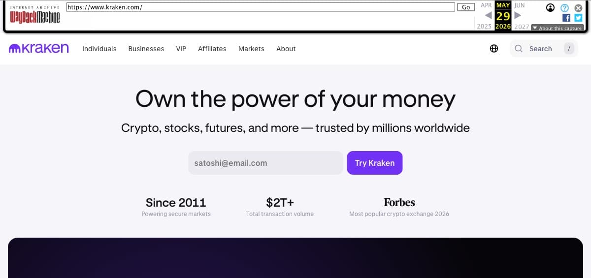 Kraken homepage — low fee US crypto exchange since 2011
