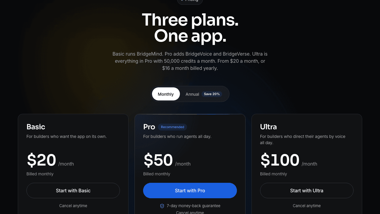 BridgeMind pricing, October 2026 — Basic $20, Pro $50, Ultra $100 a month, 20% less billed yearly