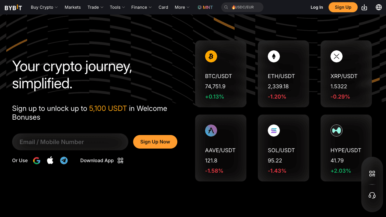 Bybit homepage — start of the TON deposit flow