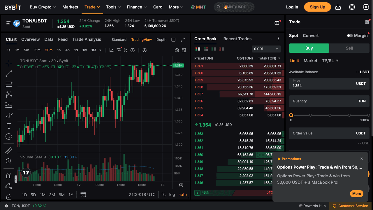 Bybit spot TON/USDT pair — order book and trade form