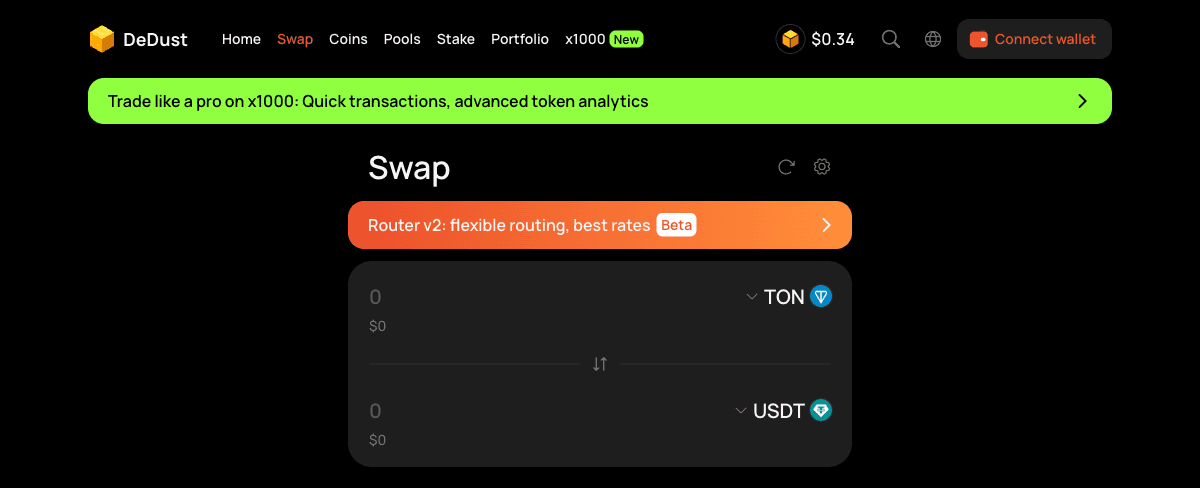 DeDust DEX — swap TON to USDT on TON blockchain, no KYC required