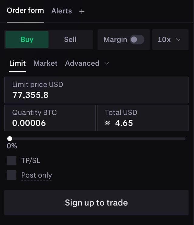 Kraken Pro order form: Buy, Limit, limit price, quantity, total, TP/SL and Post only (30 Oct 2026)