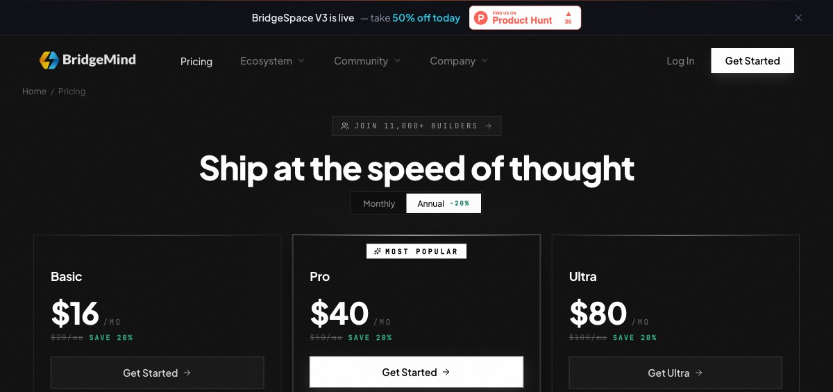 BridgeMind pricing: Basic $16/mo, Pro $40/mo — break-even at your first customer
