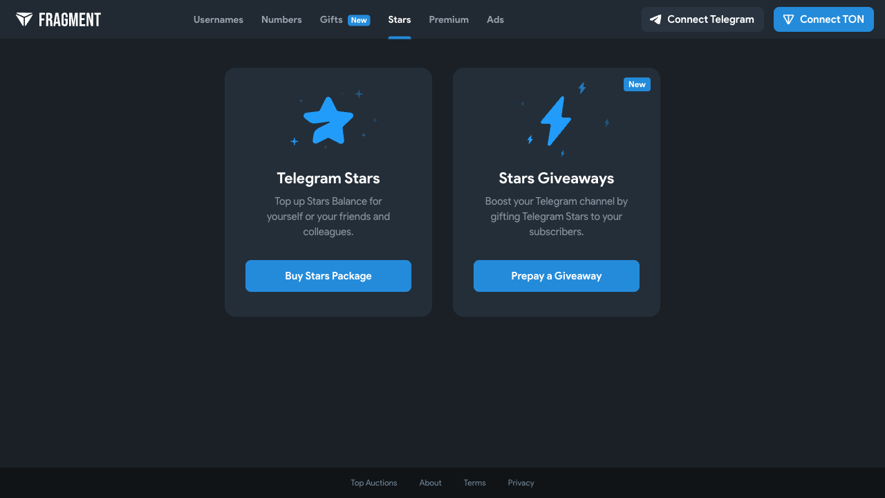 Fragment.com Stars page — buy Telegram Stars with TON at 30% savings vs App Store